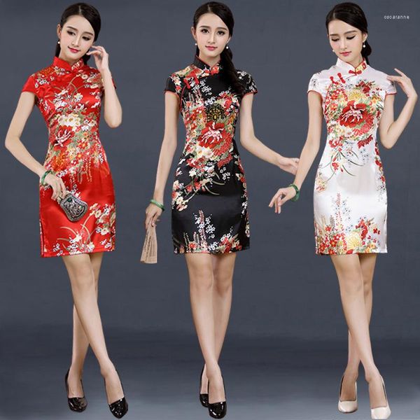 Ethnische Kleidung, chinesisches traditionelles modernes Qipao-Hochzeitskleid, rote Kleider, Cheongsam, Übergröße, Blumendruck, Schwarz, Weiß, sexy Seide, kurz