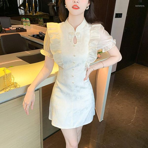 Etnik Giyim Beyaz Şifon Cheongsam Puff Sleeve Geliştirilmiş Vintage Elbise Kadın Düğün Kostümleri Qipao S to XXL