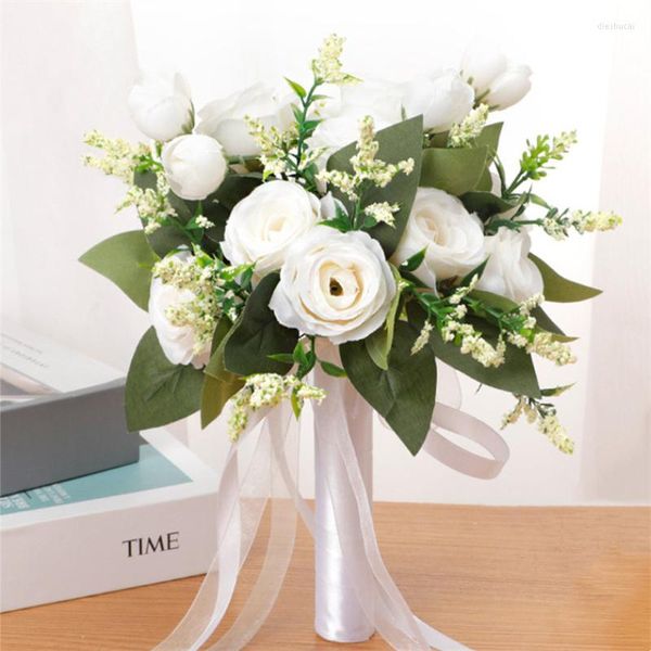 Dekoratif çiçekler beyaz pembe gül gelin çiçek demeti yapay ipek düğün el tutarak renkli gelin buketleri sahne