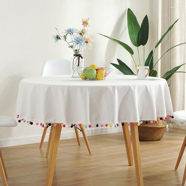 Masa bezi beyaz yuvarlak masa örtüsü ile renkli top Noel düğün partisi dekorasyon pamuk keten kapak