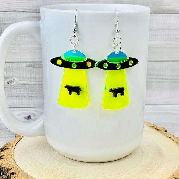 Orecchini penzolanti UFO ALIEN ABDUCTION DROP EARRINGS/ Cow Abduction/ Spaceship/ Flying Saucer/ Acrylic/ Stainless Steel/ Jewe