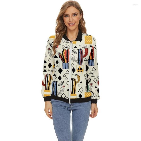 Giacche da donna Giacca da donna con stampa di cactus Top Maniche lunghe Colletto da baseball Cappotto con cerniera Slim Lady Girls Bomber Street Style