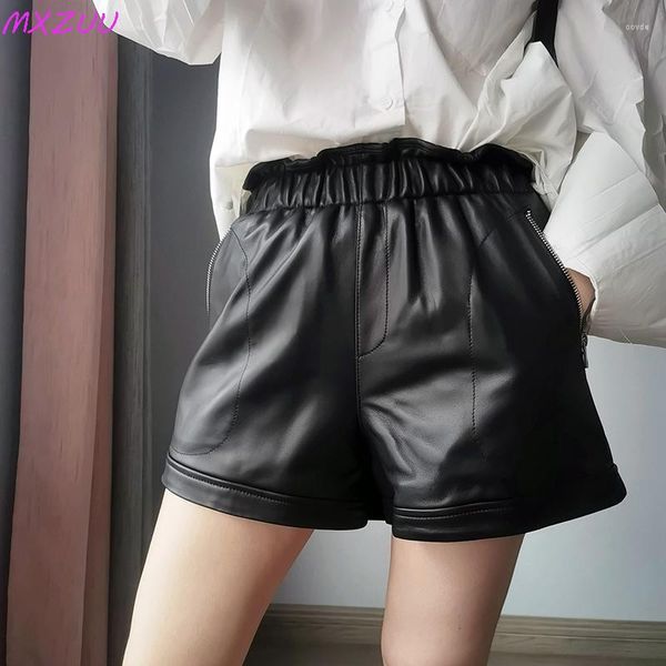 Shorts Feminino Couro Real Calças de Pernas Largas Pele de Ovelha Elegante Chique Cintura Elástica Bolso com Zíper Alto Preto Roupa de Rua Europeia