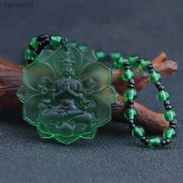 Liuli Buda de Cristal Amuleto de Tara Verde Amuletos de Buda Budismo Tibetano Amuleto de Religião Pingente Contas de Cristal Colar de Vidro L230704