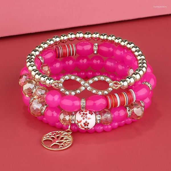 Pulseiras de link 4 pçs/conjunto multicamadas para mulheres meninas boho verão zircão elevador árvore pingente rosa contas de cristal vermelho pulseiras encantos jóias