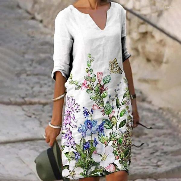 Casual Kleider Floral Bedruckte Lose Kleid Für Frauen Sommer Mode V-ausschnitt Halbe Hülse Midi A-Line Damen Robe Femme 25874