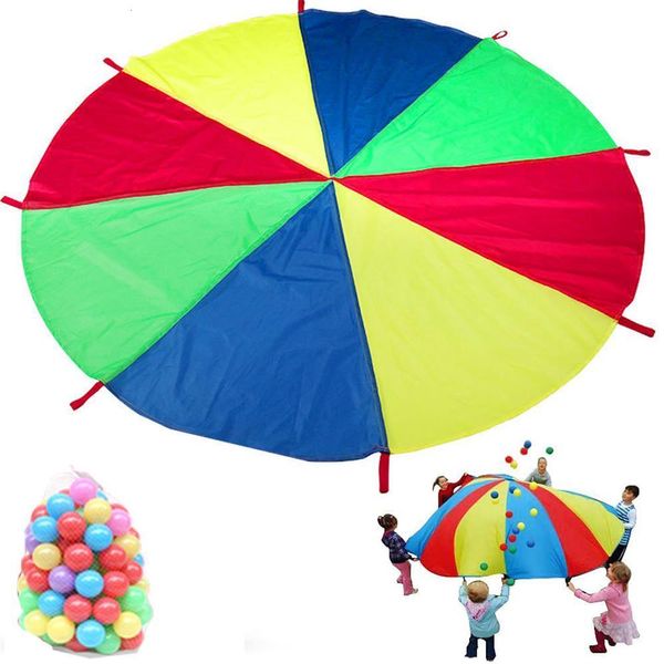 Andere Sportartikel Fallschirm-Spielspielzeug mit Griffen Outdoor-Teamspiel Wasserdichter Regenschirm Entwicklungstraining für Kinder Regenbogen 230704