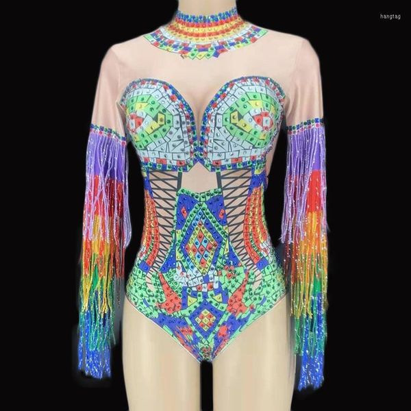 Stage Wear Strass colorati Frange Body Costume da donna Compleanno Prom Celebrare Outfit Bar Evening Women Dancer Body DWY2930