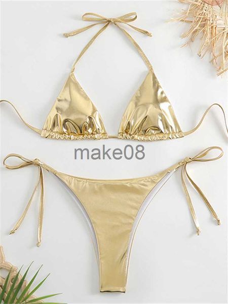 Conjunto de biquíni feminino Sexy Brozing Gold biquíni sólido push up micro 2023 maiô de praia brasileiro com gravata lateral triângulo J230704