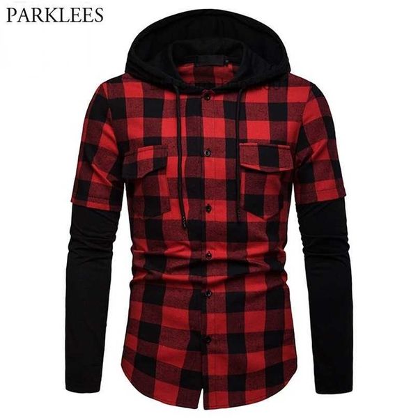 Camisas casuais masculinas vermelho preto xadrez com capuz camisa masculina moda falsa duas peças xadrez com capuz s masculino hipster streetwear com bolsos xxl 230706