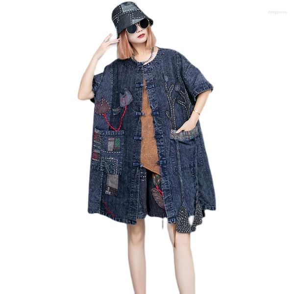 Damen-Trenchcoats, Sommer-Strickjacke mit handbestickten Knöpfen, einreihig, O-Ausschnitt, kurze Ärmel, locker, mittellang, altes grobes Tuch
