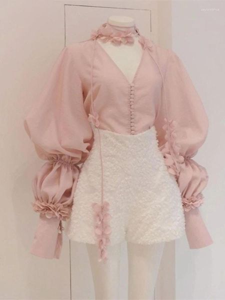 Женские блузки женские женские винтажные премиум-розовые рубашка японская шикарная v v sece pufle reepebe blusas y2k эстетическая милая цветочная шнурка