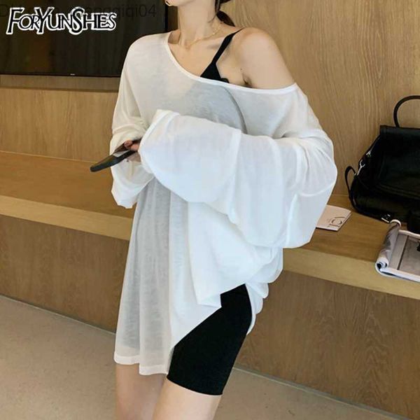 Roupa de banho feminina manga longa vestido assimétrico feminino sexy simples à prova de sol solto verão estética saídas de praia roupas casuais com decote em bico Z230706