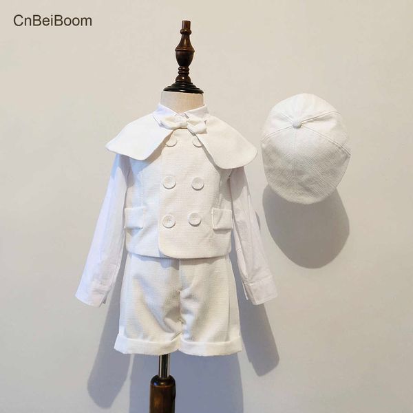 Костюмы Cnbeiboom Boy Suit White Dress для детей 1-4 года модной одежды с шляпой джентльмены костюмы на день рождения свадебный костюмхкд230704