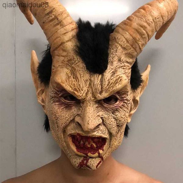 Lúcifer Cosplay Máscara Demônio Chifre do Diabo Máscaras de Látex com Boca Sangrenta Halloween Horror Traje Adereços L230704