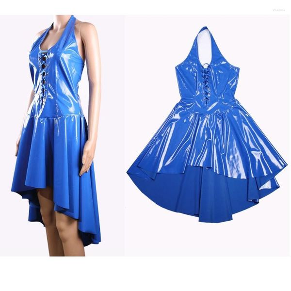 Vestidos casuais brilhantes femininos vestido com babados no peito cordão com zíper nas costas PVC couro sintético moda frente única decote em V saia irregular com babados