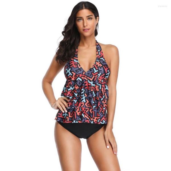 Fatos de banho femininos de duas peças Fatos de banho com estampa floral Halter Tankini Fato de banho acolchoado Saia para praia S M L XL