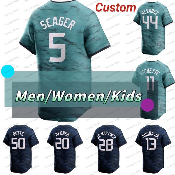 Maglia da baseball All Star 2023 Seager Yordan Alvarez Bo Bichette Austin Riley Jose Ramirez Diaz Jose Ramirez Acuna Jr. Mookie Betts Griffey Rutschman Blue Teal Custom