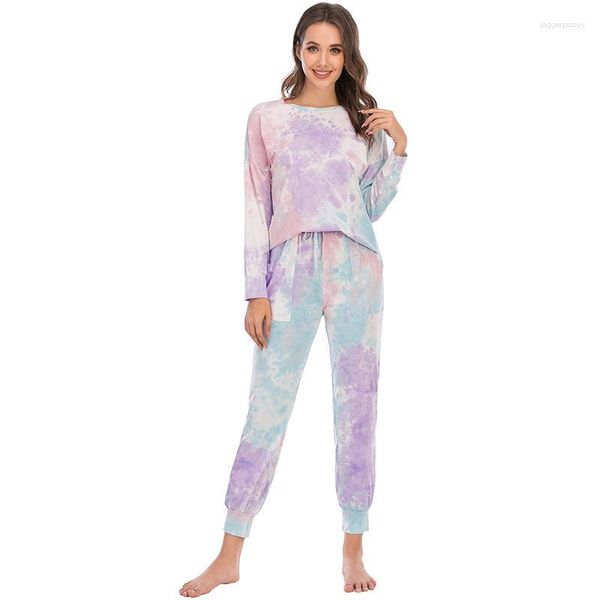 Pijamas femininos de algodão 2023 conjunto de pijamas de outono com mangas compridas tie dye terno doméstico para roupas femininas calças para adultos