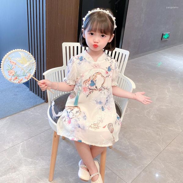 Abbigliamento etnico Ragazze Hanfu Qipao Gonna Estate Sottile Bambina Super immortale Abito in stile cinese Chiffon per bambini Manica corta Stampato