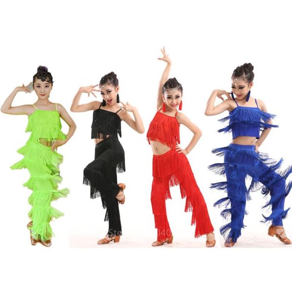 Vestuário de palco Vestidos de dança latina Salão de baile Franjas Vestido de borlas Calças de lantejoulas Salsa Samba Traje Crianças Crianças Meninas Altura 110 -170cm229U