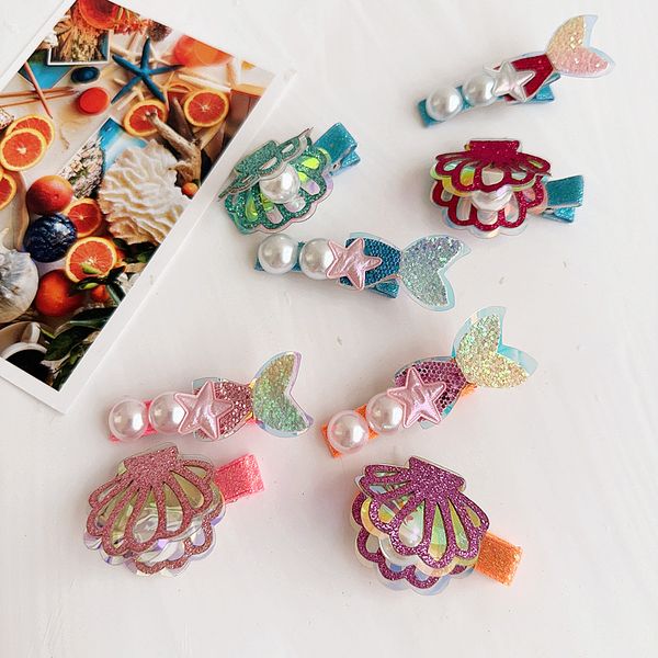 Стиль летних каникул в стиле океаны мультфильм девушки Barrettes Princess Hair Clip милый Sequin Shell Kids Pearl Star Accessories B420 B420