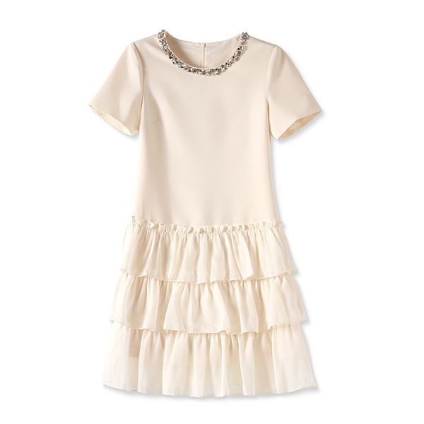 2023 Лето белое сплошное платье с твердым цветом Круглый рукав круглый шейный колено повседневные платья W3L047304