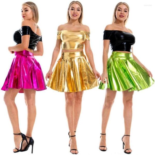 Gonne Sexy Lady Ecopelle Vita alta Gonna a pieghe oro argento Street Shiny Club Mini