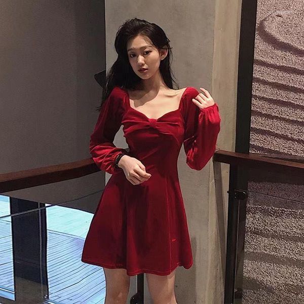 Etnik Giyim A-Line Çin Qipao Elbiseler Fransız Retro Kırmızı Elbise Kadın Velvet Etek Uzun Kollu Kısa Cheongsam Bow Vestidos De