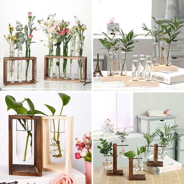 Objetos decorativos Estatuetas Vasos hidropônicos de madeira Planta Vaso de flor vintage Moldura transparente Plantas de mesa de vidro Decoração de casa 230704