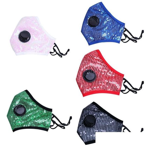 Máscaras de grife Máscara protetora de lantejoulas Rosto respirável à prova de poeira com respirador Vae Reutilizável Adt Fashion Bling Drop Delivery Home Gar Dhum5