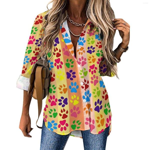 Blusas Femininas Coloridas Dog Paws Blusa Feminina Estampa Listrada Casual Solta Primavera Manga Comprida Camisas de Trabalho de Escritório Roupas Padrão Tamanho Grande