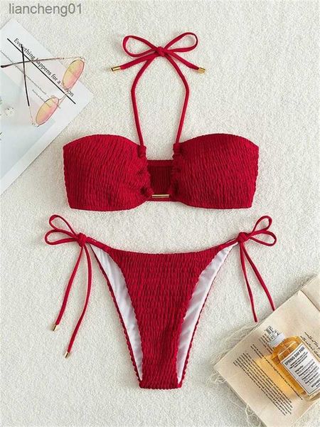 Sexy Driehoek Bikini 2023 Vrouwen Effen Rood Zwart Geribbeld Push Up Micro Badpak Uitgesneden Metalen Designer Badpak String badmode L230619