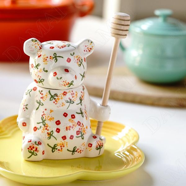 Caixas Criatividade Cerâmica pintada Armazenamento de chá Caddy Organizador de cozinha selada Jarros urso urso de açúcar Bow