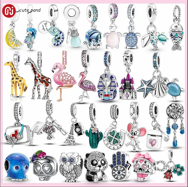 925er Silberperlen-Charms passen zu Pandora-Charm-Armbändern, rosa Flamingo-Charm, Totenkopf-Perle, Eule, Katze, Panda, Giraffe