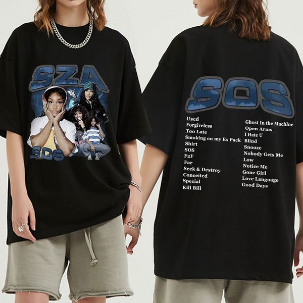 Erkekler T-Shirts SZA Müzik Albümü SOS Çift Taraflı T-Shirt Erkek Kadınlar Vintage Büyük Boy Tişörtleri Saf Pamuk Tişört Hip Hop Street Giyim UNISEX 230703