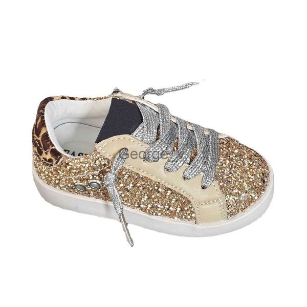 Athletische Outdoor-Sneaker mit Gold-Pailletten-Ton, Old-School-Leder-Mädchen-Mai-Glitzer-Leder-Stern-LowTop-Sneaker für Kinder, Leopardenschuhe J230704