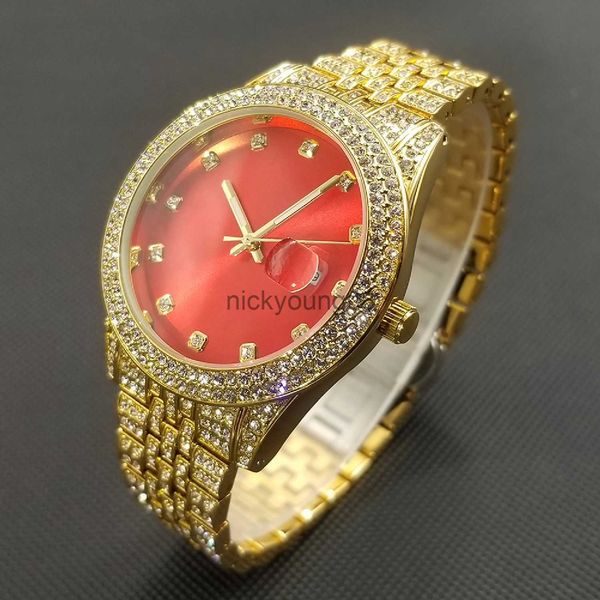Armbanduhren Hot Hip Hop Moissanit für Frauen Luxus Mode rotes Zifferblatt Quarz Lady Kleid Iced Out Big Size Gold Relogio feminino 0703