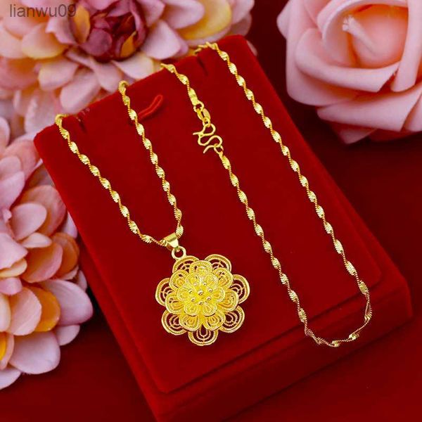 24K echt vergoldete Halsketten für Frauen, große mehrschichtige Blumen-Anhänger-Halsketten, ethnische Halsband-Kette, Halsketten, Hochzeitsschmuck, L230704