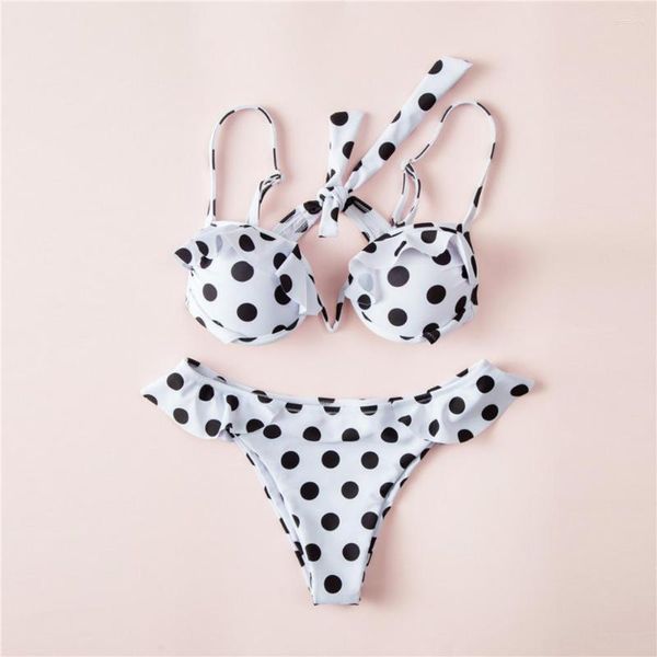 Costume da bagno da donna senza maniche comodo magro con stampa a pois reggiseno arruffato fondo a vita alta costume da bagno estivo per piscina