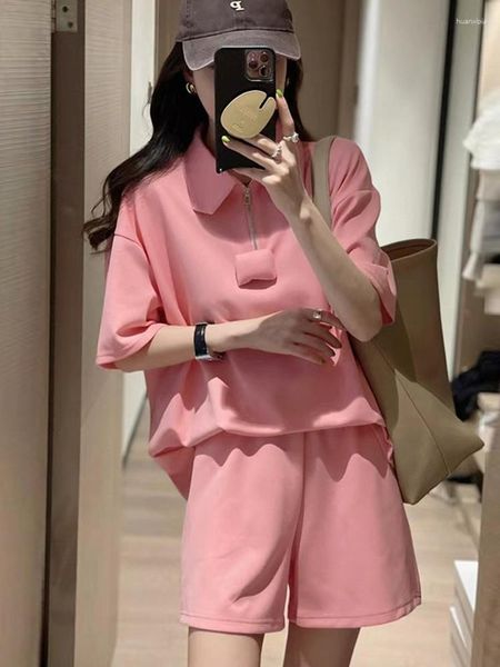 Tute da donna a maniche corte rosa a due pezzi completo da donna 2023 estate coreano allentato collo a polo T-shirt top pantaloncini a gamba larga casual