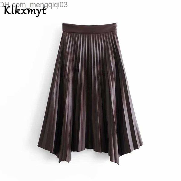 Gonne Klkxmyt Gonna a pieghe in ecopelle Za Donna A-line Vita alta Orlo asimmetrico Midi Fashion Street Ladies s Z230705