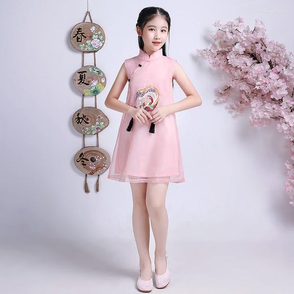 Ethnische Kleidung Sommer Kinder ärmellose Cheongsam kurze Kleider Prinzessin Garn Rock Mädchen Geburtstag rosa Vintage Kleid chinesisches Kleid Qipao