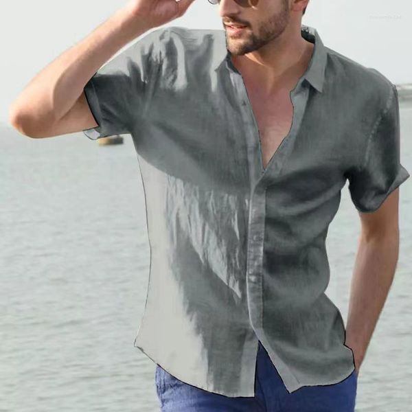 Camisas casuais masculinas 2023 verão cor sólida lapela manga curta cardigã tamanho grande S-3XL