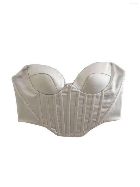 Serbatoi da donna Eleganti da donna in raso bianco stretto Top corto con spalle scoperte Corsetto senza schienale sexy Donna Casual senza spalline Bustier Canotta Canotte