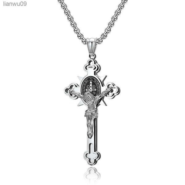 Religion Edelstahl Heiliger Benedikt Kruzifix Kreuz Anhänger Halskette INRI L230704