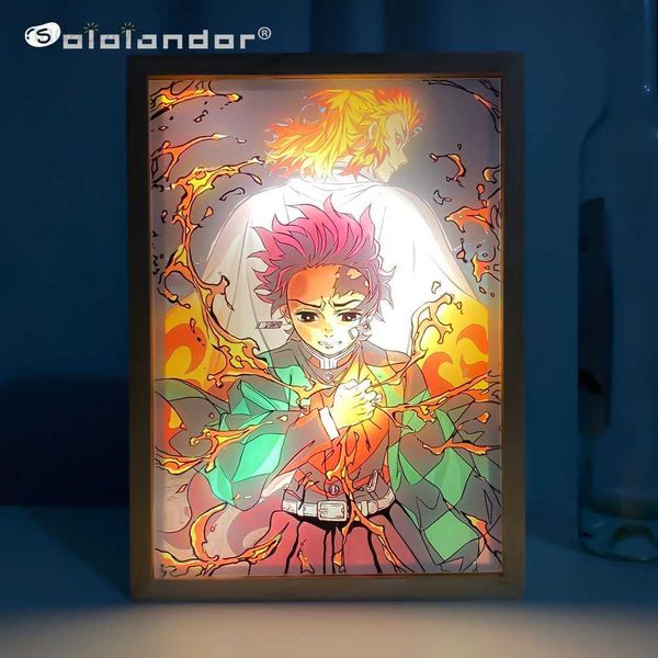 Luzes Led Photo Demon Slayer Kyojuro Rengoku Hoom Deco Frame Art Painting Design Night Lamp Anime Kimetsu No Yaiba Light HKD230704