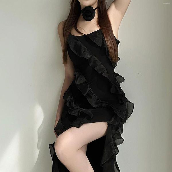 Abiti casual Black Layer Ruffles Y2k Sexy Split Women Party Dress Gothic Spaghetti Strap Summer Vestidos Robe Femmes
