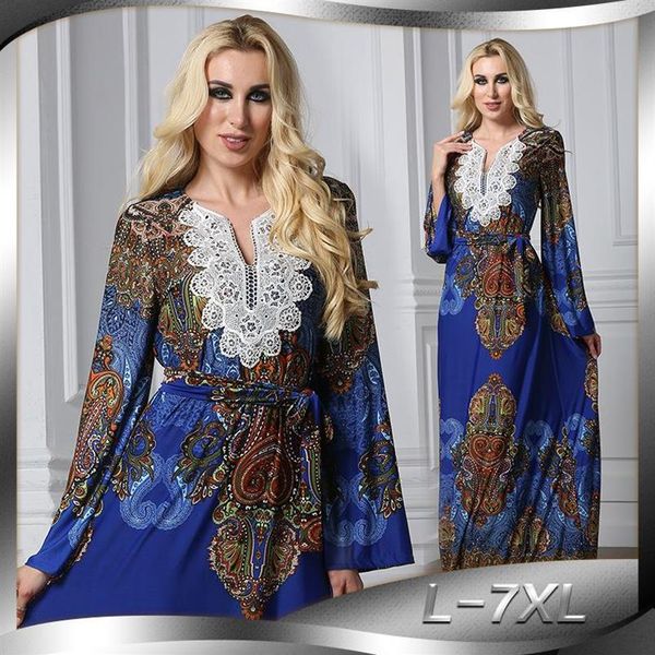 Abaya Müslüman Hicab Elbise Kadınlar Afrika Giyim Bohemia Baskı Plajı Uzun Elbiseler Dant-Up Dubai Jilbab Elbise Robe Plus Boyut L-7XL E254K