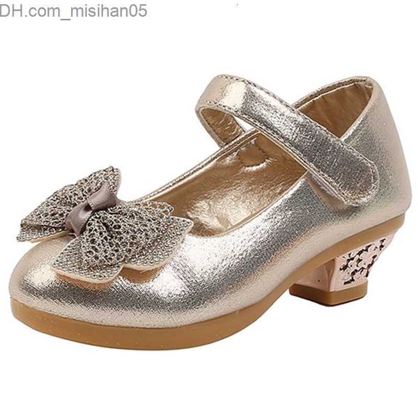 Spor ayakkabı spor ayakkabılar altın yüksek topuklu ayakkabılar kızlar için bahar çocuklar prenses bebek pembe deri büyük performans yay Z230705